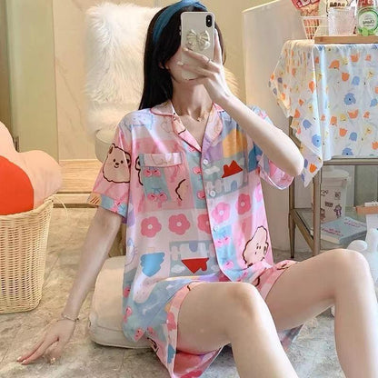 [littlecrab] Baju Tidur Set Kemeja Lengan Pendek Celana Pendek Piyama Setelan Full Pattern Piyama Kancing Depan Unik Motif Lucu Korean Style Sleep Wear Hot Pants Model Shirt