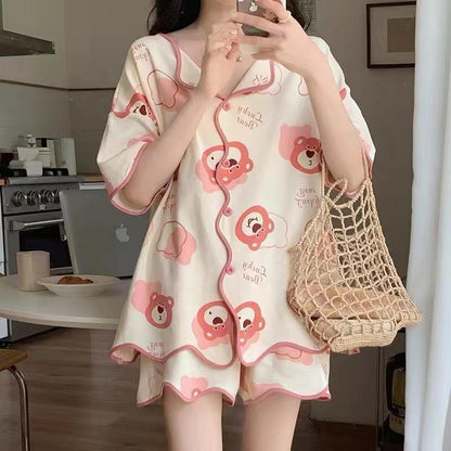 [littlecrab] Baju Tidur Set Kancing Lengan Pendek Celana Pendek Piyama Setelan Full Pattern Lotso Sanrio Awan Bunga Sleep Wear Hot Pants Model Shirt Korean Style