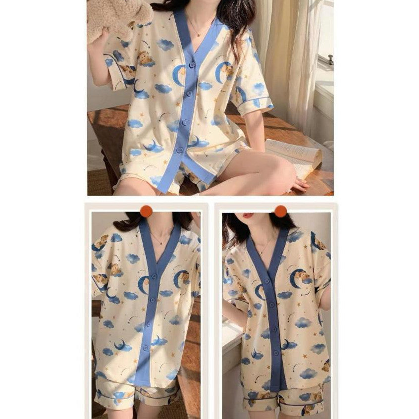 [littlecrab] Baju Tidur Set Kancing Lengan Pendek Celana Pendek Piyama Setelan Full Pattern Lotso Sanrio Awan Bunga Sleep Wear Hot Pants Model Shirt Korean Style