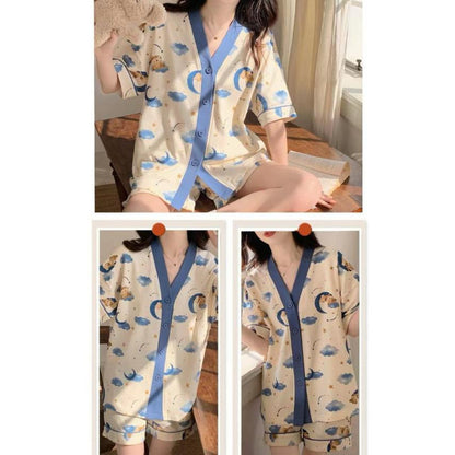 [littlecrab] Baju Tidur Set Kancing Lengan Pendek Celana Pendek Piyama Setelan Full Pattern Lotso Sanrio Awan Bunga Sleep Wear Hot Pants Model Shirt Korean Style