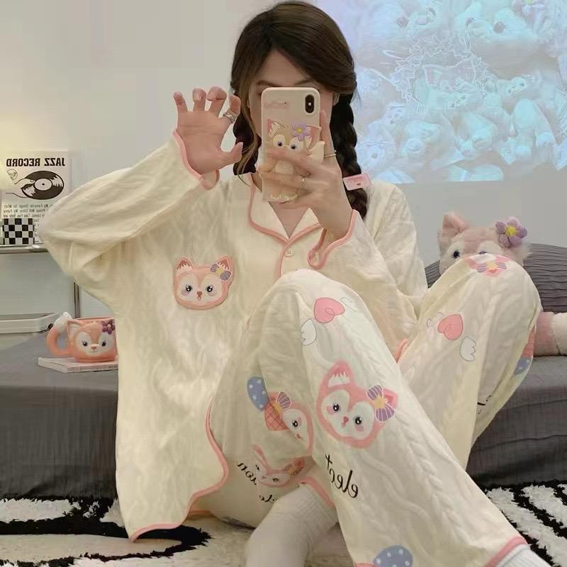 [littlecrab] Baju Tidur Set Kancing Depan Putih Cream Aesthetic Lengan Panjang Celana Panjang Bordir Lucu Unik Cute Pattern Setelan White Sleep Wear Shirt Korean Style