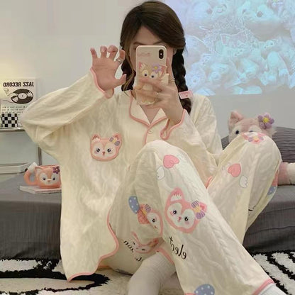 [littlecrab] Baju Tidur Set Kancing Depan Putih Cream Aesthetic Lengan Panjang Celana Panjang Bordir Lucu Unik Cute Pattern Setelan White Sleep Wear Shirt Korean Style