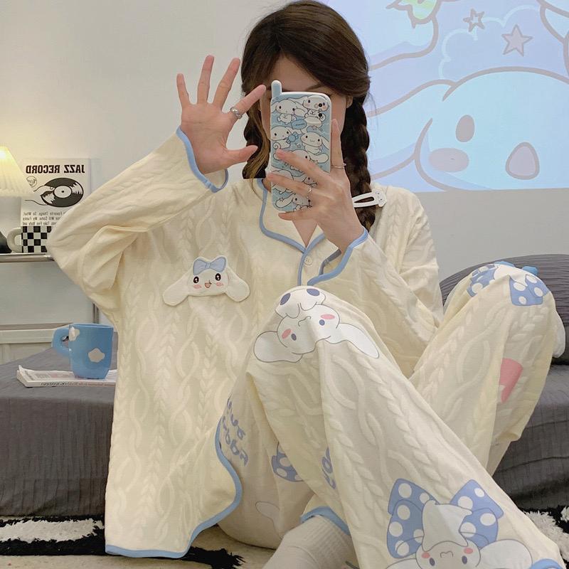 [littlecrab] Baju Tidur Set Kancing Depan Putih Cream Aesthetic Lengan Panjang Celana Panjang Bordir Lucu Unik Cute Pattern Setelan White Sleep Wear Shirt Korean Style