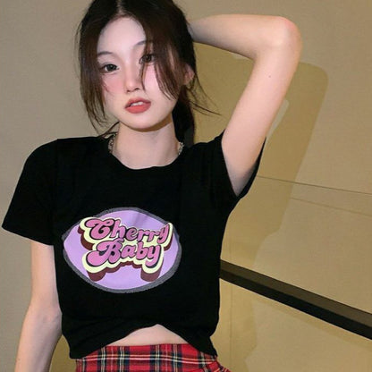 [littlecrab] Crop Top Cherry Baby / Lettering Top Atasan Wanita Hitam Putih Pink Sablon / T-shirt Crop Korean Style