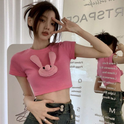 [littlecrab] Kaos Pink Jepitan Kelinci Jelek / Kaos Oversize Crop Top Rabbit Pin / Full Pink Aesthetic Korean Style