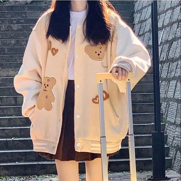 [littlecrab] Jaket Versity Baseball Motif Bear Beruang Two Tone Cream Putih Jacket Varsity Tebal Berkualitas Premium Outer Unik Love Bordir Korean Style