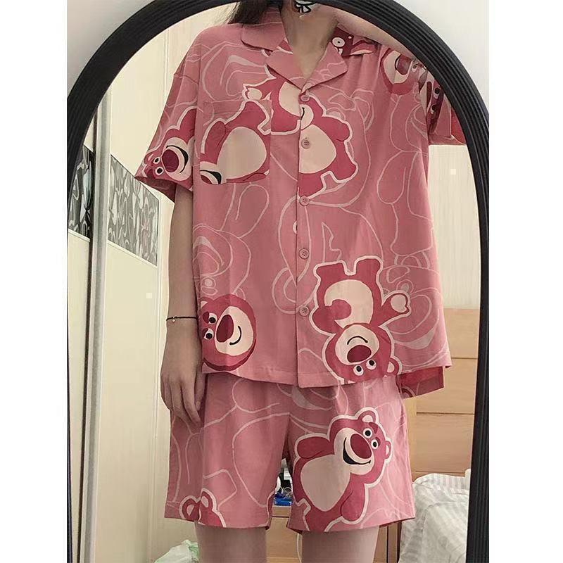 [littlecrab] Baju Tidur Set Kemeja Lengan Pendek Celana Pendek Piyama Setelan Full Pattern Piyama Kancing Depan Unik Motif Lucu Korean Style Sleep Wear Hot Pants Model Shirt