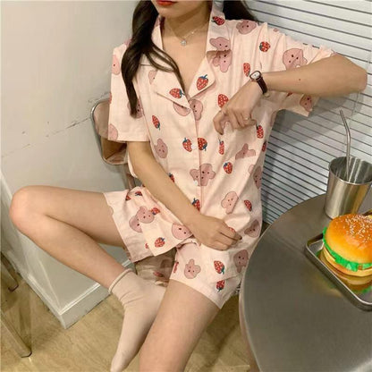 [littlecrab] Baju Tidur Set Kemeja Lengan Pendek Celana Pendek Piyama Setelan Full Pattern Piyama Kancing Depan Unik Motif Lucu Korean Style Sleep Wear Hot Pants Model Shirt