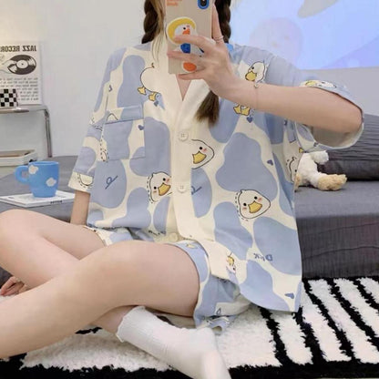 [littlecrab] Baju Tidur Set Kancing Lengan Pendek Celana Pendek Piyama Setelan Full Pattern Lotso Sanrio Awan Bunga Sleep Wear Hot Pants Model Shirt Korean Style