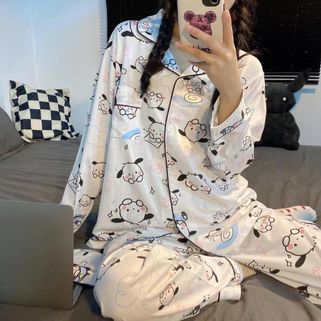 [littlecrab] Baju Tidur Set Kemeja Lengan Panjang Celana Panjang Piyama Setelan Full Pattern Kancing Depan Unik Motif Lucu Korean Style Sleep Wear