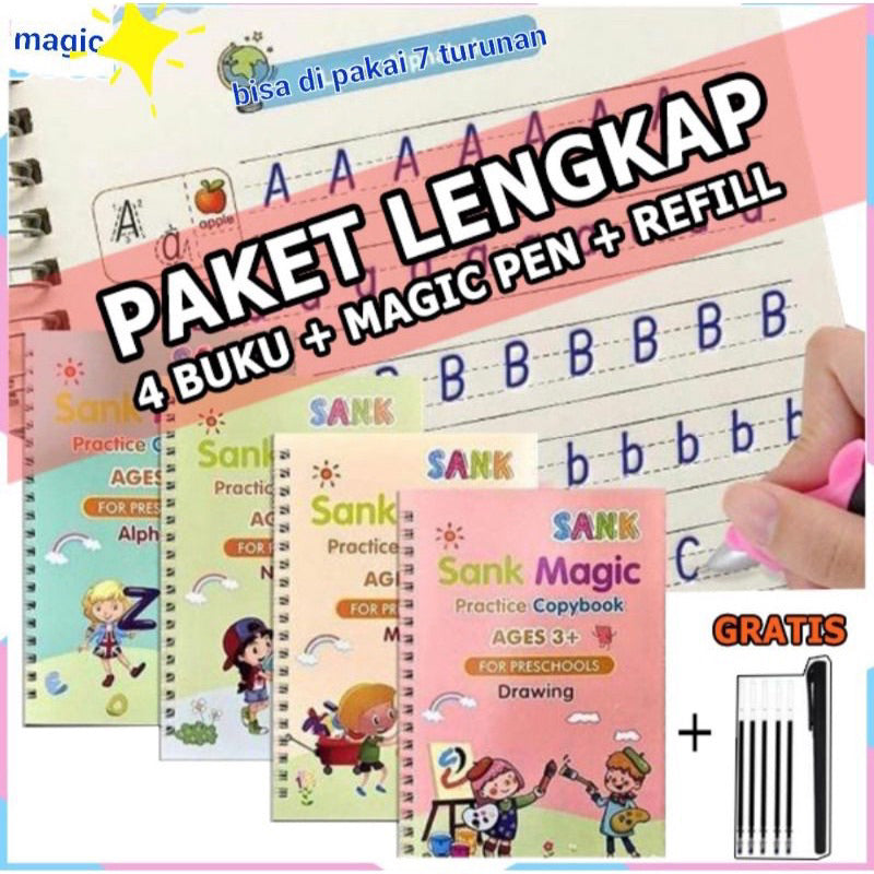 Buku Ajaib Belajar Menulis Menghitung Menggambar SANK Magic Practice Book 1 SET ISI 4 BUKU + PULPEN