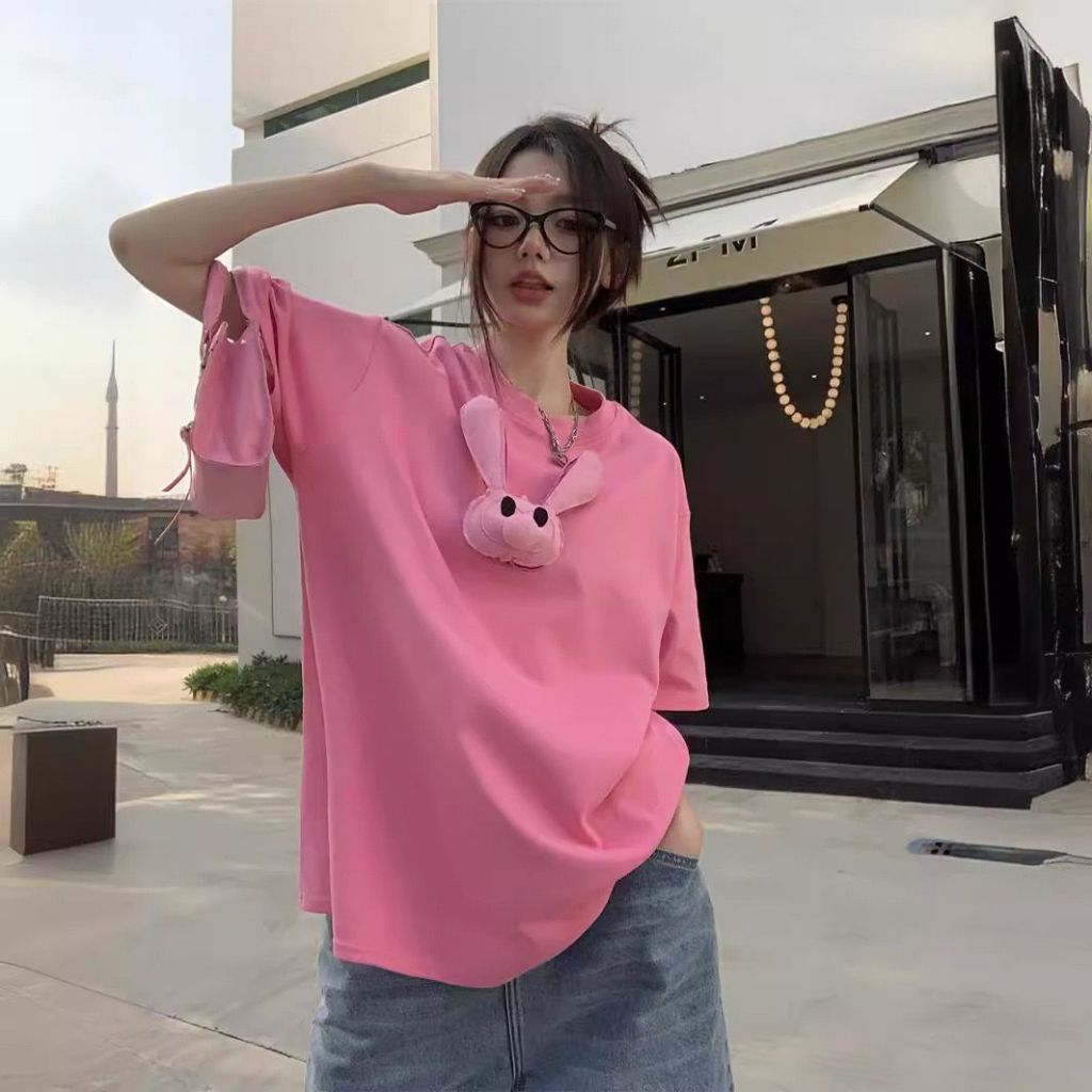 [littlecrab] Kaos Pink Jepitan Kelinci Jelek / Kaos Oversize Crop Top Rabbit Pin / Full Pink Aesthetic Korean Style