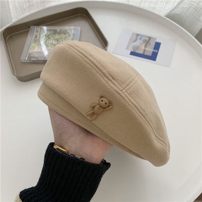 [littlecrab] Topi Baret Korea Seniman Painter Motif Teddy Bear Simple Cute Aesthetic Cap Topi High Quality Bahan Lembut Retro Korean Style