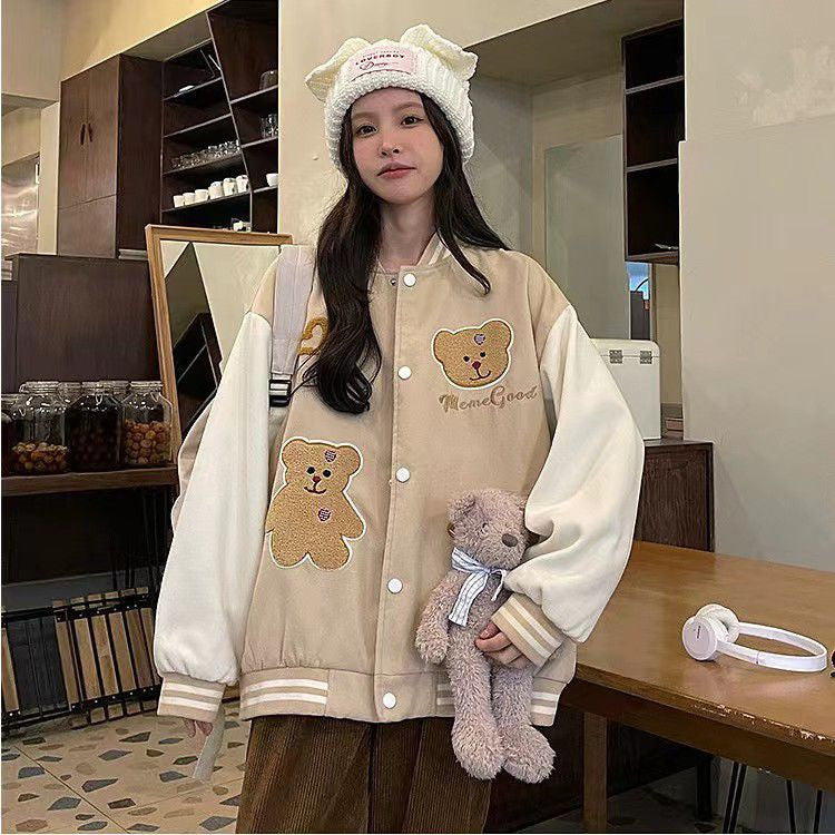 [littlecrab] Jaket Versity Baseball Motif Bear Beruang Two Tone Cream Putih Jacket Varsity Tebal Berkualitas Premium Outer Unik Love Bordir Korean Style