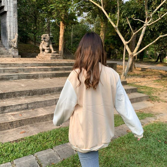 [littlecrab] Jaket Versity Baseball Motif Bear Beruang Two Tone Cream Putih Jacket Varsity Tebal Berkualitas Premium Outer Unik Love Bordir Korean Style