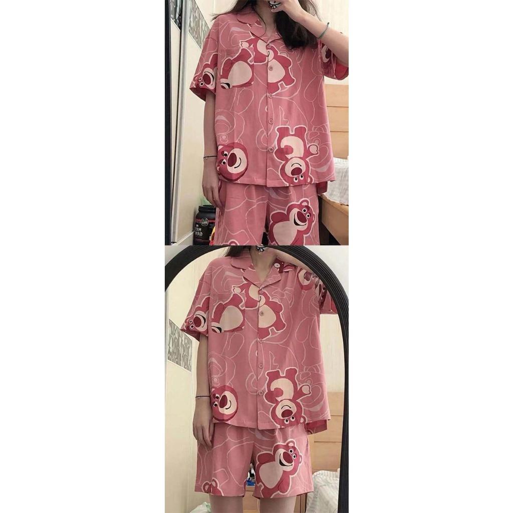 [littlecrab] Baju Tidur Set Kemeja Lengan Pendek Celana Pendek Piyama Setelan Full Pattern Piyama Kancing Depan Unik Motif Lucu Korean Style Sleep Wear Hot Pants Model Shirt