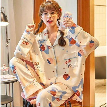 [littlecrab] Baju Tidur Set Kemeja Lengan Panjang Celana Panjang Piyama Setelan Full Pattern Kancing Depan Unik Motif Lucu Korean Style Sleep Wear