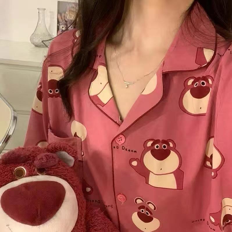[littlecrab] Baju Tidur Set Kemeja Lengan Panjang Celana Panjang Piyama Setelan Full Pattern Kancing Depan Unik Motif Lucu Korean Style Sleep Wear