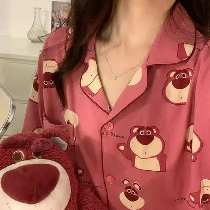 [littlecrab] Baju Tidur Set Kemeja Lengan Panjang Celana Panjang Piyama Setelan Full Pattern Kancing Depan Unik Motif Lucu Korean Style Sleep Wear