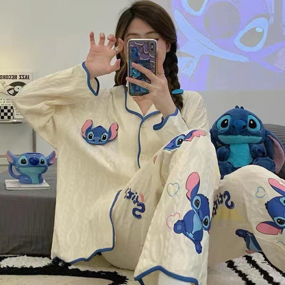 [littlecrab] Baju Tidur Set Kancing Depan Putih Cream Aesthetic Lengan Panjang Celana Panjang Bordir Lucu Unik Cute Pattern Setelan White Sleep Wear Shirt Korean Style