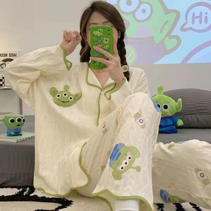 [littlecrab] Baju Tidur Set Kancing Depan Putih Cream Aesthetic Lengan Panjang Celana Panjang Bordir Lucu Unik Cute Pattern Setelan White Sleep Wear Shirt Korean Style