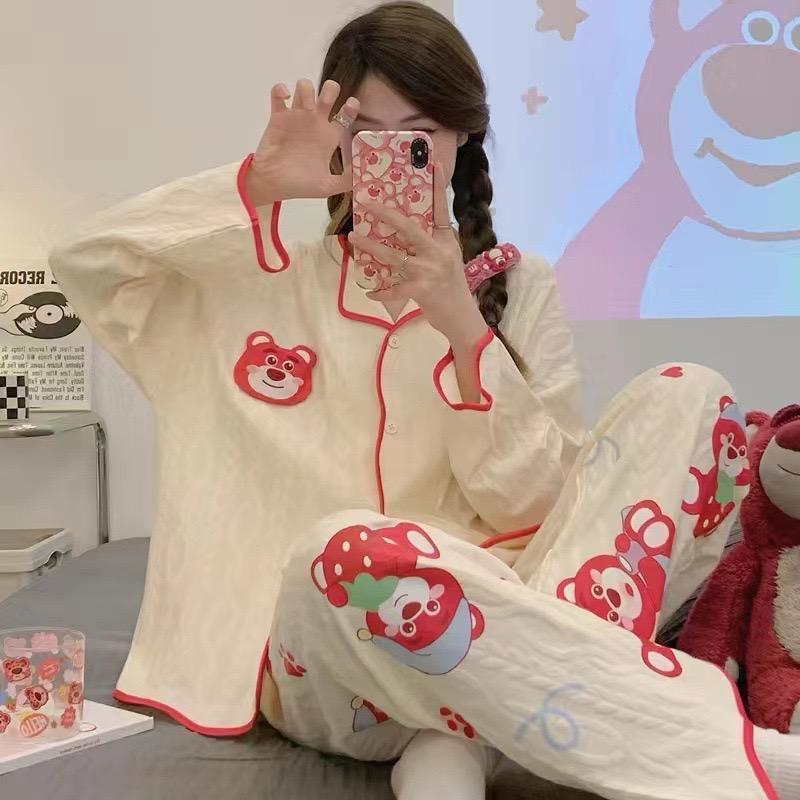 [littlecrab] Baju Tidur Set Kancing Depan Putih Cream Aesthetic Lengan Panjang Celana Panjang Bordir Lucu Unik Cute Pattern Setelan White Sleep Wear Shirt Korean Style