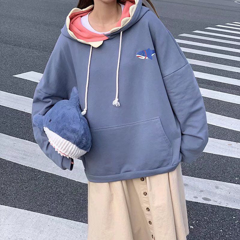 [littlecrab] Hoodie Oversize Motif Hiu Hitam Biru Premium Funny Shark Bahan Tebal Berkualitas Hoodie Ikan Topi Gigi Trending Korean Style