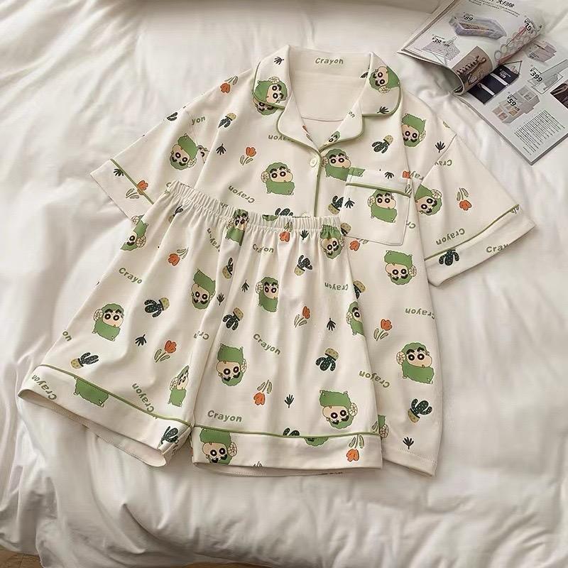 [littlecrab] Baju Tidur Set Kemeja Lengan Pendek Celana Pendek Piyama Setelan Full Pattern Piyama Kancing Depan Unik Motif Lucu Korean Style Sleep Wear Hot Pants Model Shirt