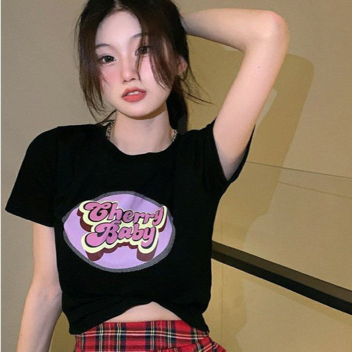 [littlecrab] Crop Top Cherry Baby / Lettering Top Atasan Wanita Hitam Putih Pink Sablon / T-shirt Crop Korean Style