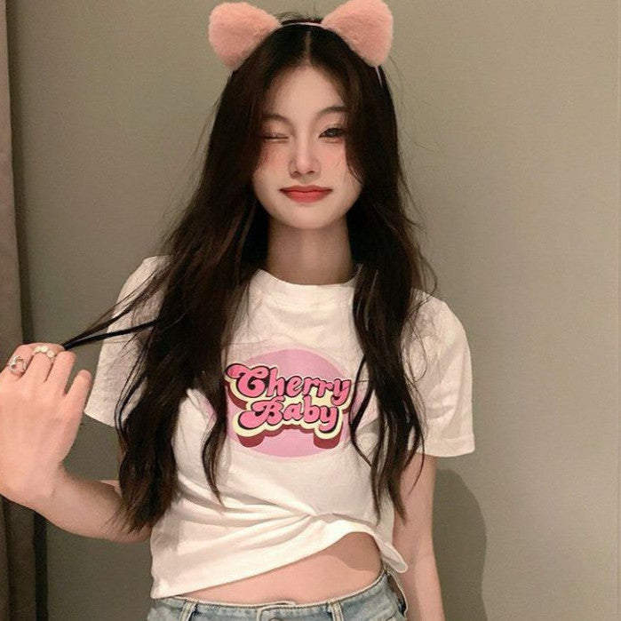 [littlecrab] Crop Top Cherry Baby / Lettering Top Atasan Wanita Hitam Putih Pink Sablon / T-shirt Crop Korean Style