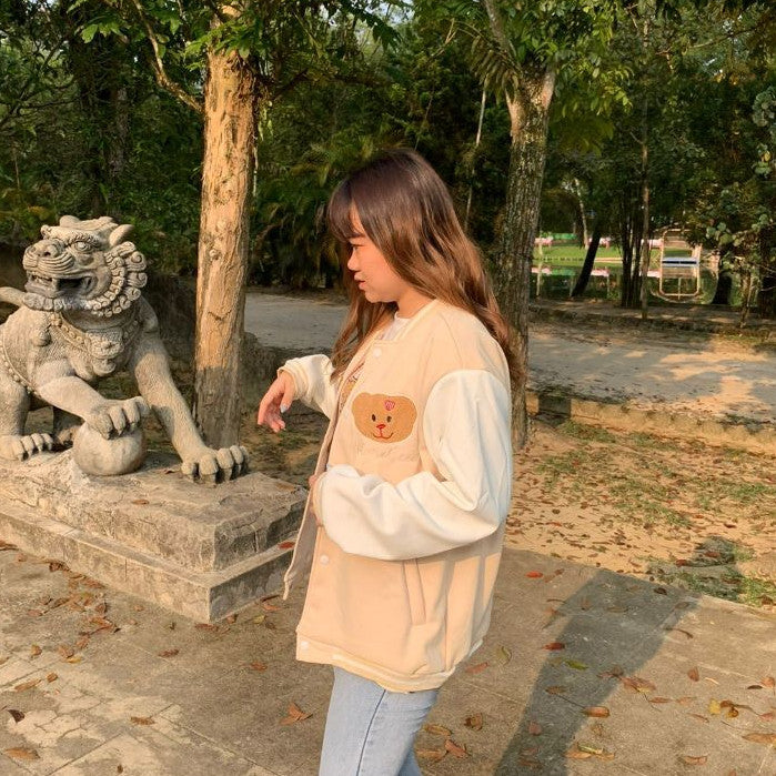 [littlecrab] Jaket Versity Baseball Motif Bear Beruang Two Tone Cream Putih Jacket Varsity Tebal Berkualitas Premium Outer Unik Love Bordir Korean Style
