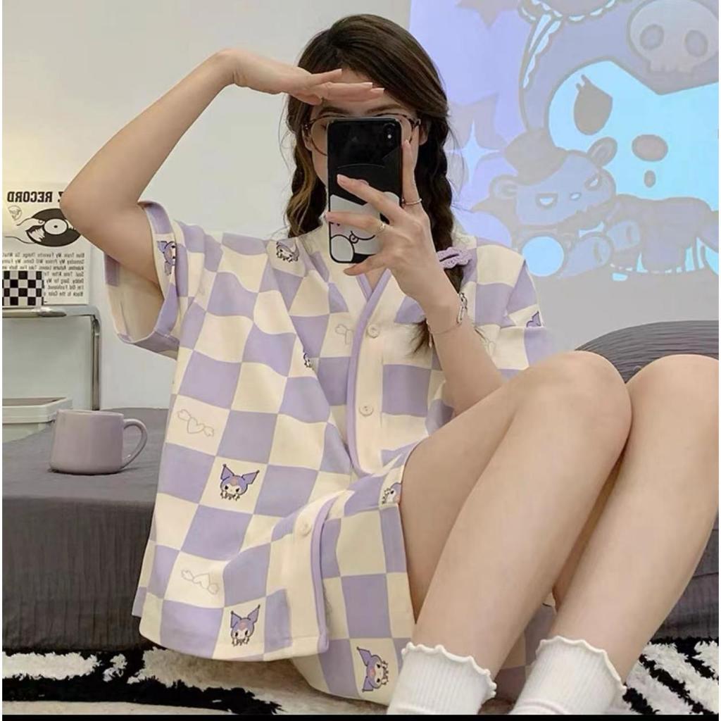[littlecrab] Baju Tidur Set Kancing Lengan Pendek Celana Pendek Piyama Setelan Full Pattern Lotso Sanrio Awan Bunga Sleep Wear Hot Pants Model Shirt Korean Style