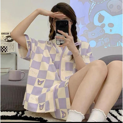 [littlecrab] Baju Tidur Set Kancing Lengan Pendek Celana Pendek Piyama Setelan Full Pattern Lotso Sanrio Awan Bunga Sleep Wear Hot Pants Model Shirt Korean Style