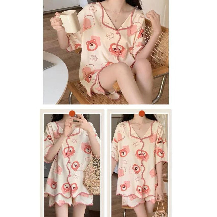 [littlecrab] Baju Tidur Set Kancing Lengan Pendek Celana Pendek Piyama Setelan Full Pattern Lotso Sanrio Awan Bunga Sleep Wear Hot Pants Model Shirt Korean Style