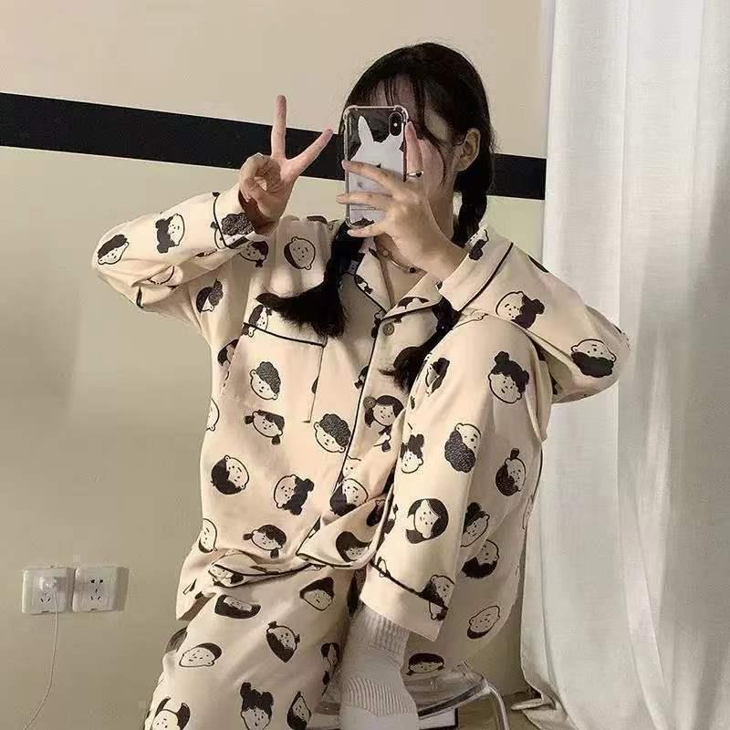 [littlecrab] Baju Tidur Set Kemeja Lengan Panjang Celana Panjang Piyama Setelan Full Pattern Kancing Depan Unik Motif Lucu Korean Style Sleep Wear