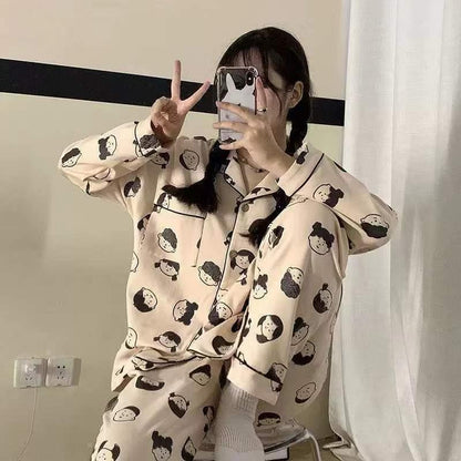[littlecrab] Baju Tidur Set Kemeja Lengan Panjang Celana Panjang Piyama Setelan Full Pattern Kancing Depan Unik Motif Lucu Korean Style Sleep Wear