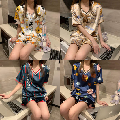 [littlecrab] Baju Tidur Licin Lengan Pendek Celana Pendek Satin Setelan Full Pattern Piyama Cartoon Unik Lucu Korean Style Sleep Wear Hot Pants Kaos Aesthetic