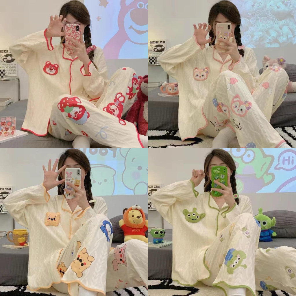 [littlecrab] Baju Tidur Set Kancing Depan Putih Cream Aesthetic Lengan Panjang Celana Panjang Bordir Lucu Unik Cute Pattern Setelan White Sleep Wear Shirt Korean Style