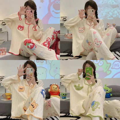 [littlecrab] Baju Tidur Set Kancing Depan Putih Cream Aesthetic Lengan Panjang Celana Panjang Bordir Lucu Unik Cute Pattern Setelan White Sleep Wear Shirt Korean Style