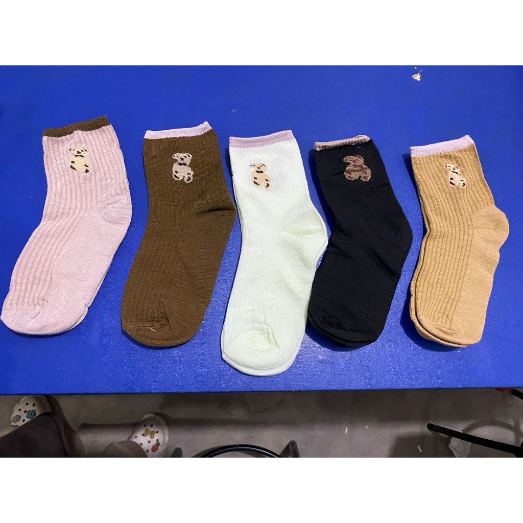 [littlecrab] Kaos Kaki Teddy Bear Panjang Coklat Hitam Panjang Women Socks Import Kaos Kaki Beruang Berkualitas Korean Style