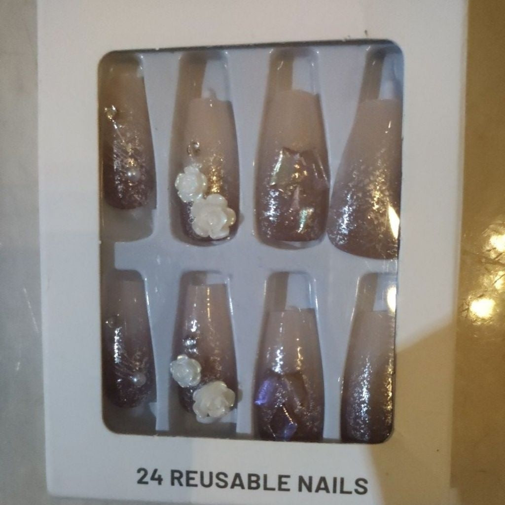 Pekanbaru (24Pcs Free Lem) Kuku Palsu Murah Tahan Air Fashion Nail Art 3D Korea Fake Nails Manicure