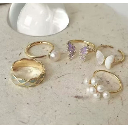 Pekanbaru Isi 4/8 Pcs  /Set Cincin Emas Hias Mutiara Gaya  Untuk Wanita
