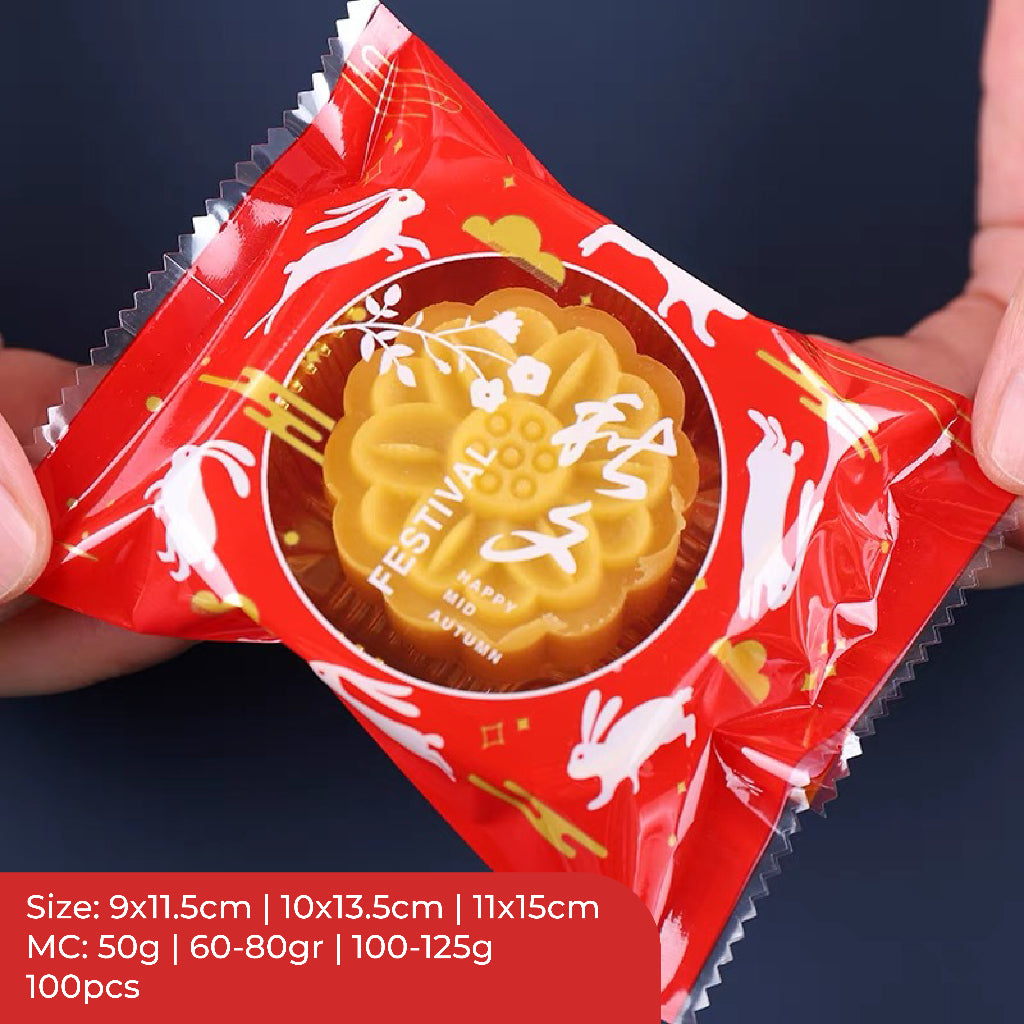 Pekanbaru Plastik Mooncake / Kue Bulan Non-Seal Motif Happy Mid Autumn Festival Berbagai Ukuran Per Pack