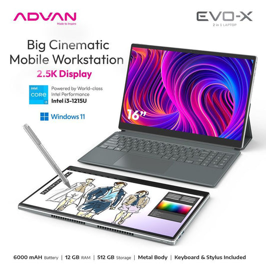 Pekanbaru Advan Detachable Laptop Evo-X 2In1 Intel Core I3-1215U/ 12Gb/ Ssd 512Gb/ 16 2.5K/ Windows 11