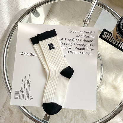 [littlecrab] Kaos Kaki Hitam Putih Stripe R Letter Garis Black White Import Long Sock High Quality Kaos Kaki Panjang Korean Style