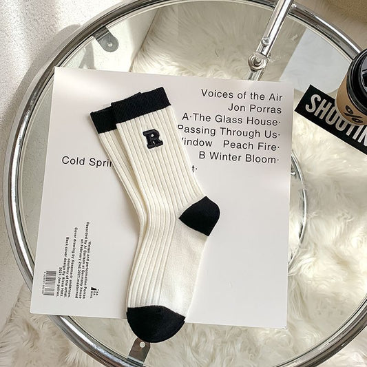 Pekanbaru Kaos Kaki Hitam Putih Stripe R Letter Garis Black White Import Long Sock High Quality Kaos Kaki Panjang Korean Style
