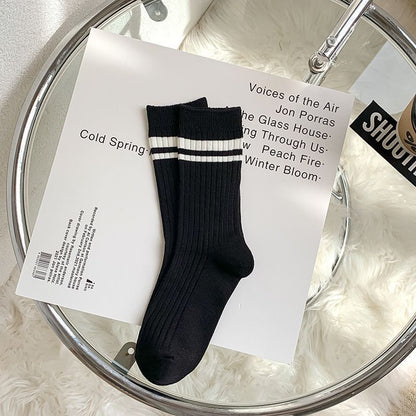 [littlecrab] Kaos Kaki Hitam Putih Stripe R Letter Garis Black White Import Long Sock High Quality Kaos Kaki Panjang Korean Style