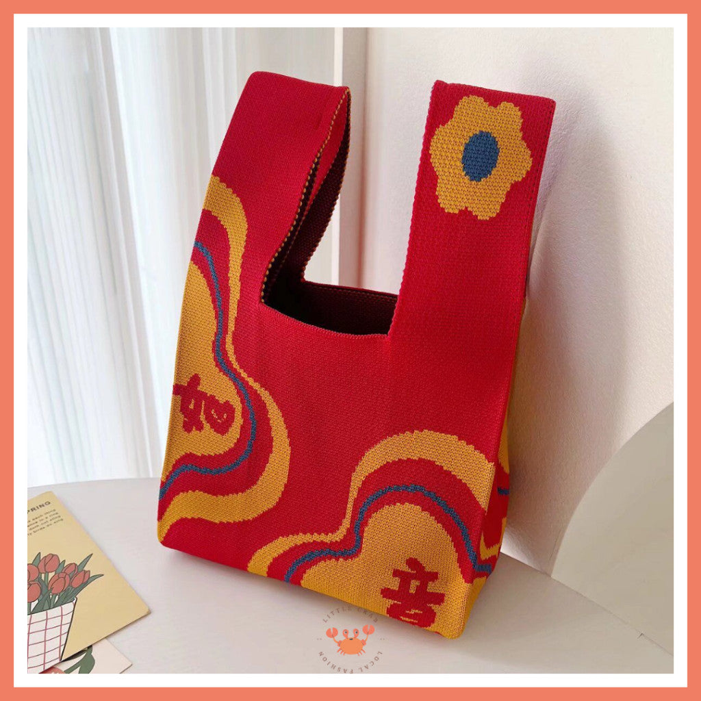 [littlecrab] Tas Rajut Shuang Xi Ji Xiang Ru Yi Merah Cream Knit Bag Mini Tote Bag Knot Buffalow Unik