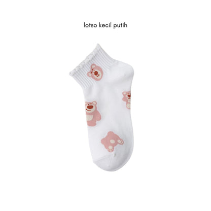 [littlecrab] Kaos Kaki Pendek Lotso Beruang Pink Unik Lucu Cute Short Socks White Full Pattern