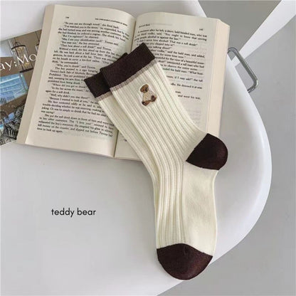 [littlecrab] Kaos Kaki Panjang Hitam Putih Cream Garis Horizontal Line Long Socks Black White Korean